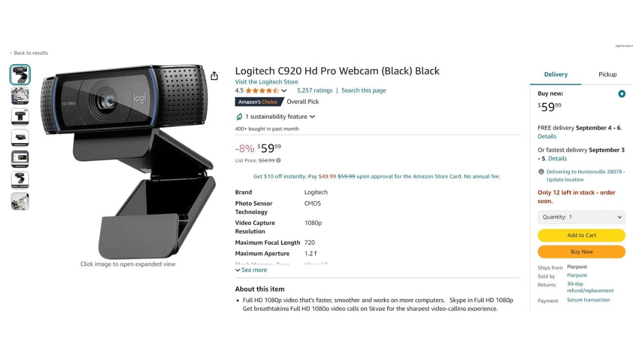 Logitech C920 HD Pro Webcam (Black) Black, 1080p Full HD video calls, 720p video capture resolution, 1.2 f maximum aperture, CMOS photo sensor technology, Amazon's Choice, 4.5 star rating, $59.99
