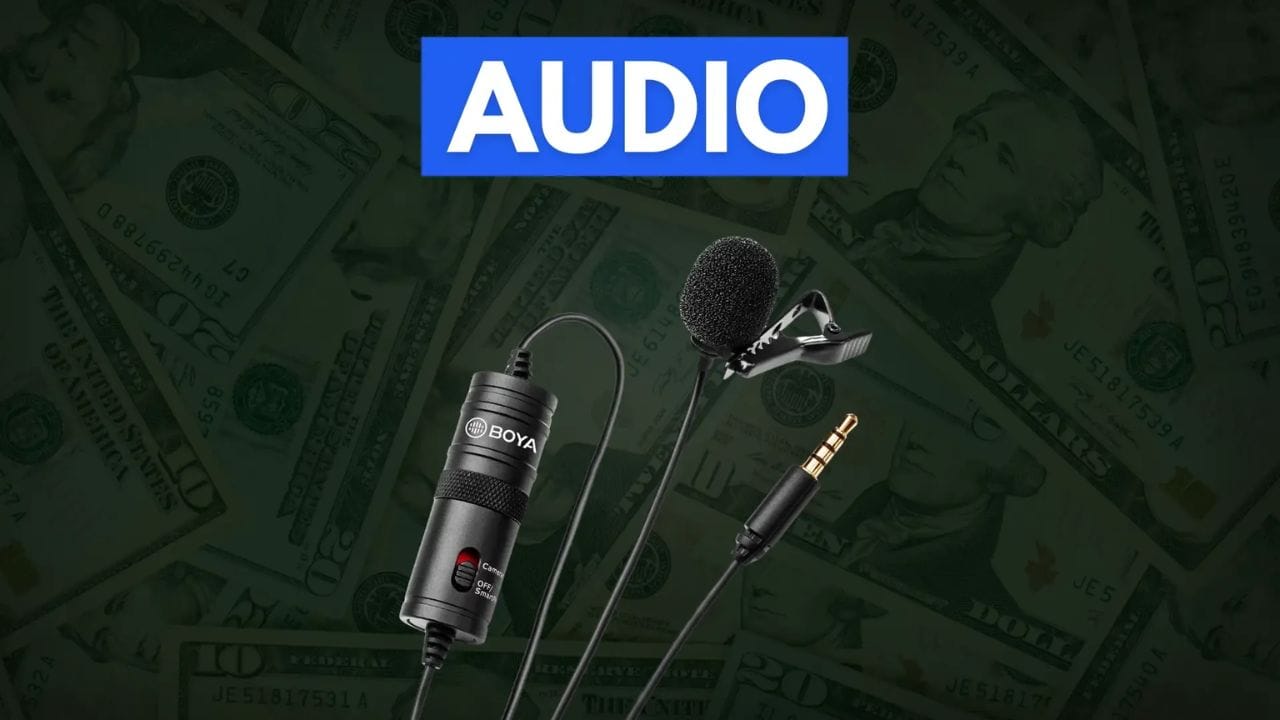 Boya BY-M1 Omnidirectional Lavalier Microphone on a background of US dollar bills, with the word "AUDIO" in a blue box above it.