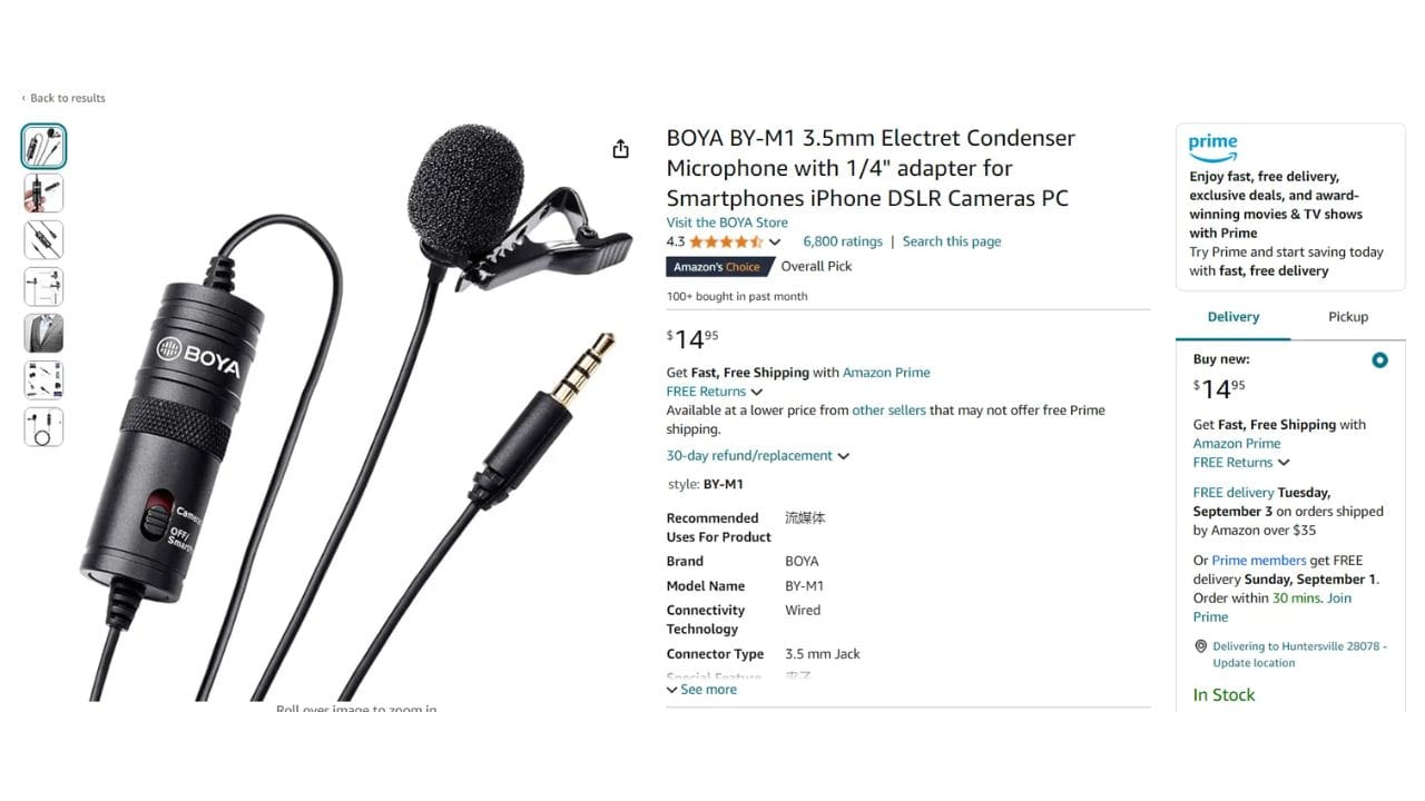 BOYA BY-M1 3.5mm Electret Condenser Microphone with 1/4" adapter for Smartphones, iPhone, DSLR Cameras, PC, Amazon's Choice, 4.3 star rating, $14.95