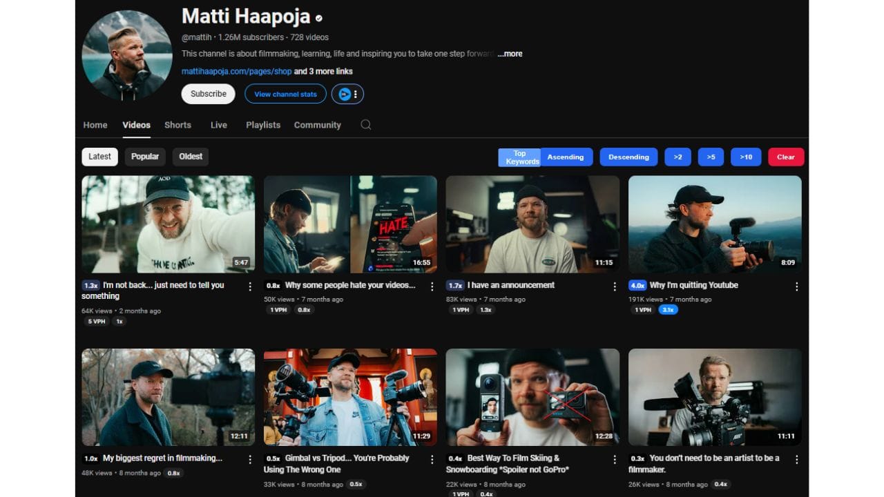 YouTube channel page for Matti Haapoja, featuring videos about filmmaking, learning, and life. The channel has 1.26 million subscribers and 728 videos.