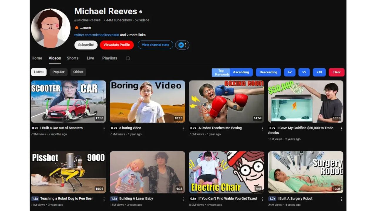 A YouTube channel page with a list of videos, including titles like "Built a Car out of Scooters," "A Robot Teaches Me Boxing," and "Teaching a Robot Dog to Pee Beer."