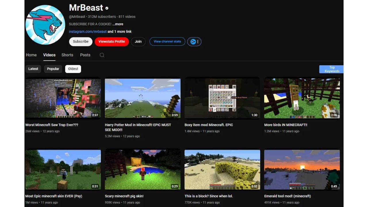 A screenshot of MrBeast's YouTube channel page, featuring popular Minecraft videos.