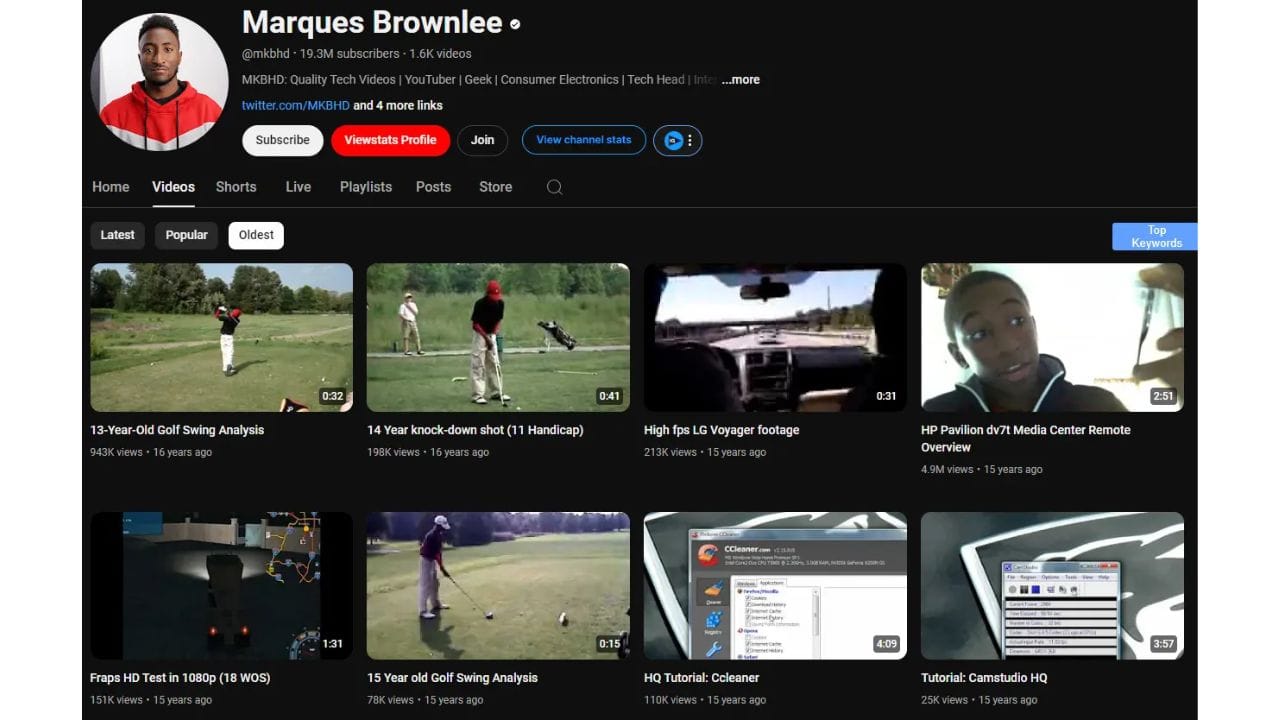 A screenshot of Marques Brownlee's YouTube channel page, featuring a variety of tech-related videos.