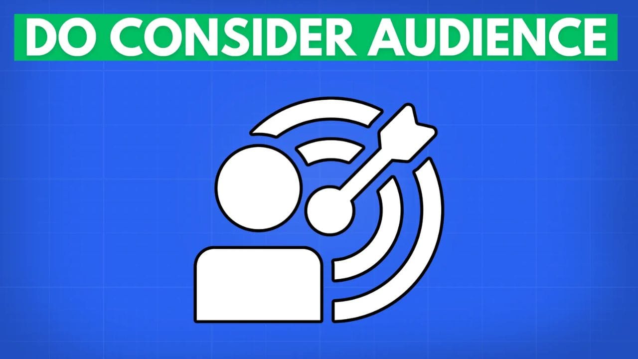 A white icon of a person with an arrow pointing at a target, symbolizing audience targeting. The text "DO CONSIDER AUDIENCE" is in green above the image.