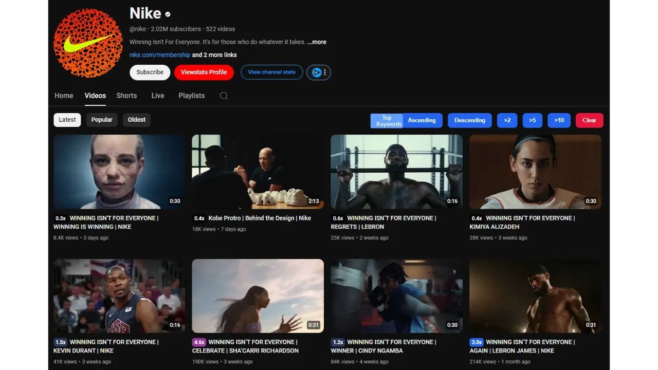 A screenshot of the Nike YouTube channel page, featuring videos about sports, athletes, and Nike products.