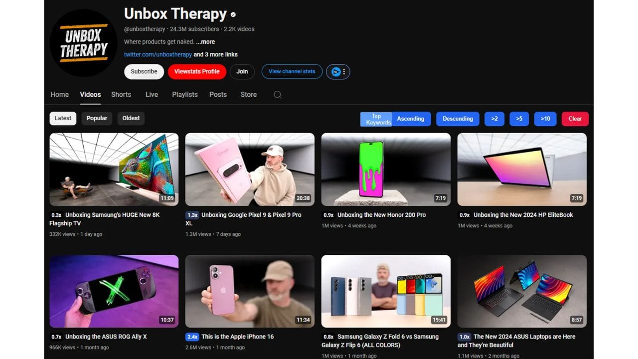 A screenshot of the Unbox Therapy YouTube channel, featuring videos of tech product unboxings and reviews.