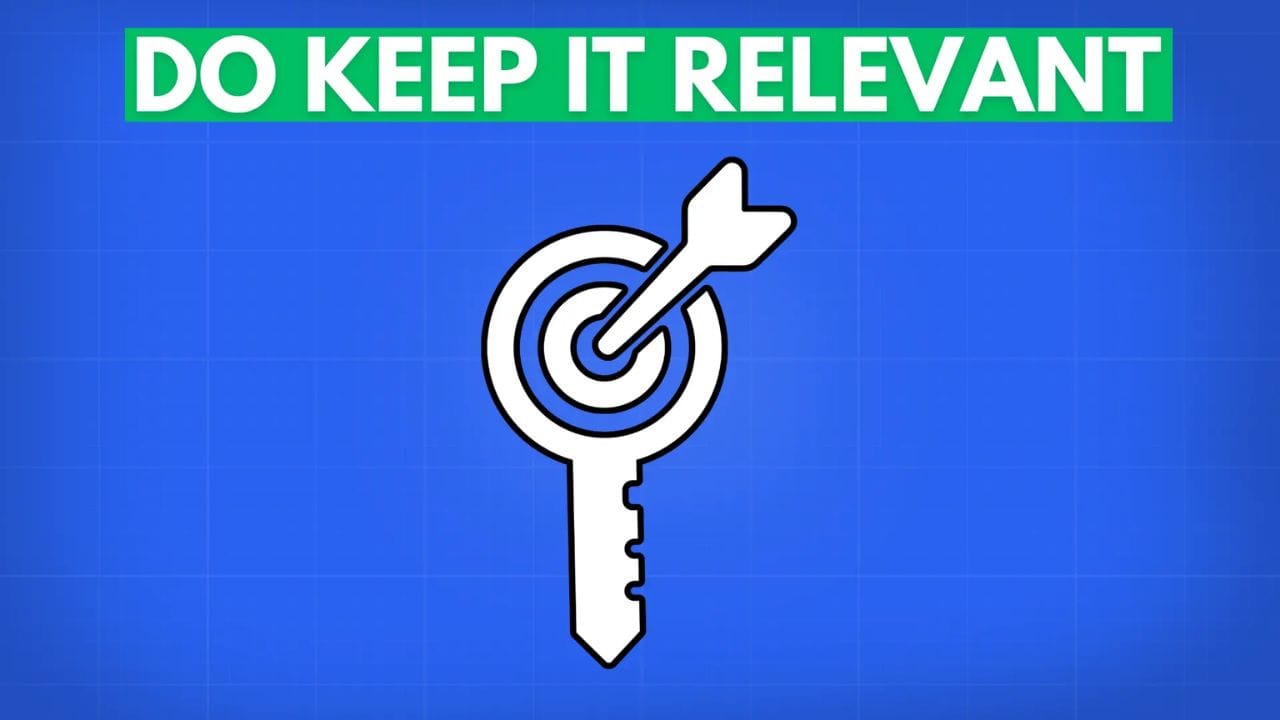 A white key with a target in the keyhole, symbolizing relevance and focus. The text "DO KEEP IT RELEVANT" is in green above the image.