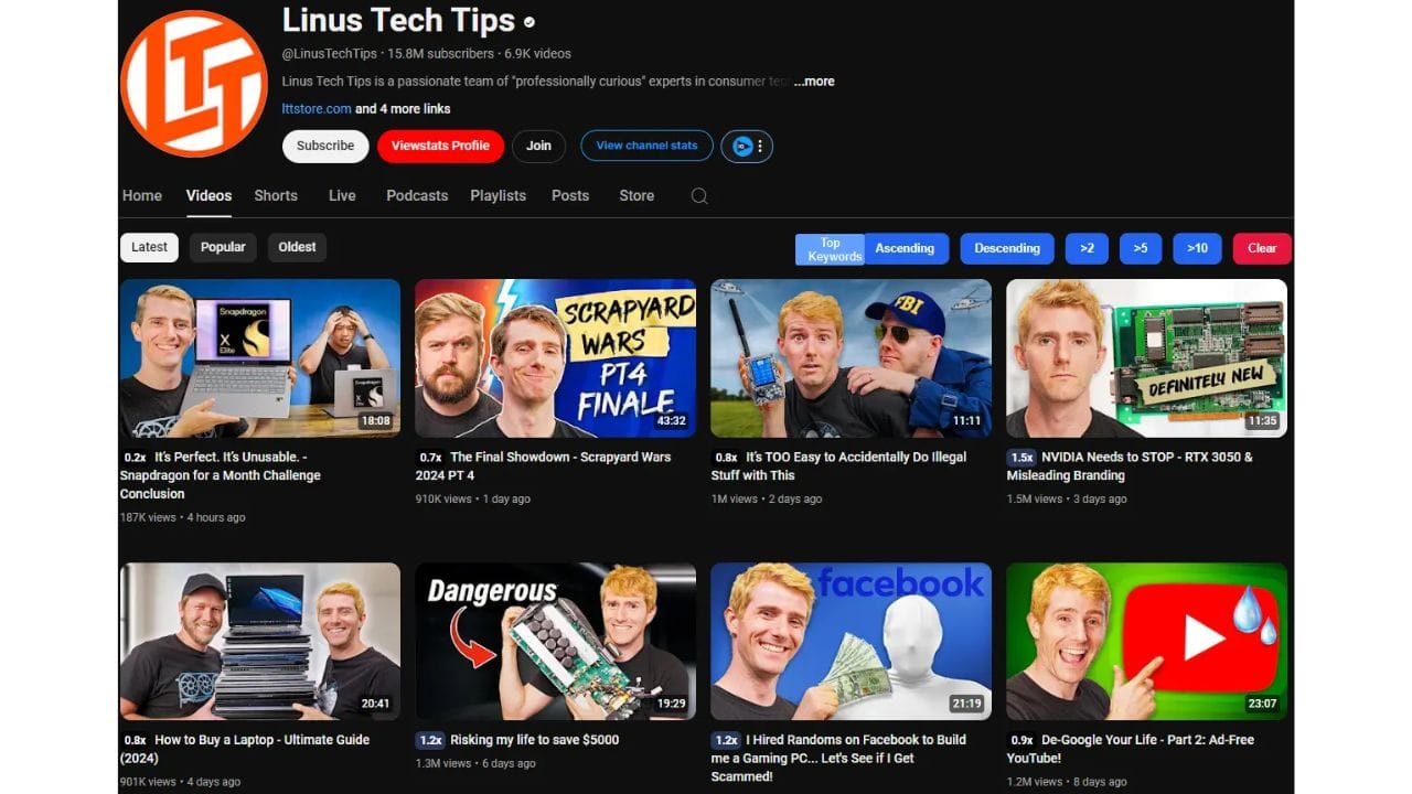 A screenshot of the Linus Tech Tips YouTube channel, featuring videos about technology, hardware, and software reviews.