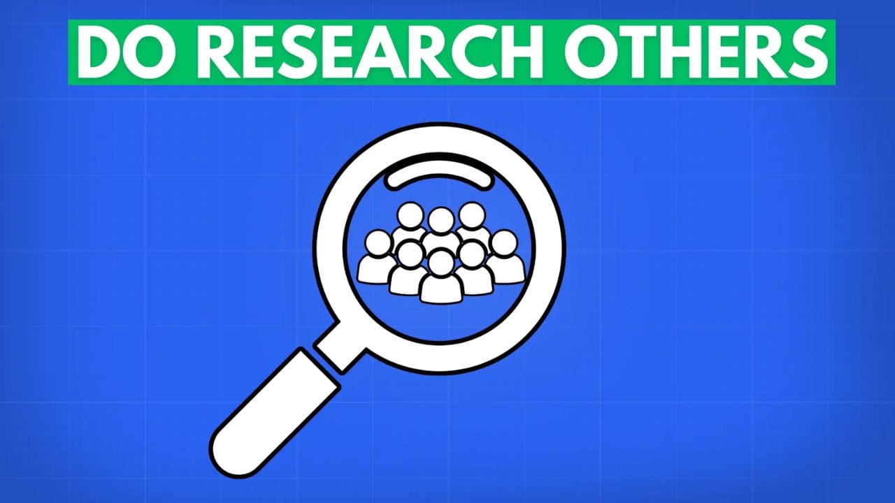 A magnifying glass with a group of people inside, symbolizing researching other channels. The text "DO RESEARCH OTHERS" is in green above the image.