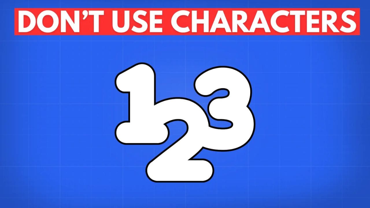 White numbers 1, 2, and 3 on a blue background with the text "DON'T USE CHARACTERS" in red above.