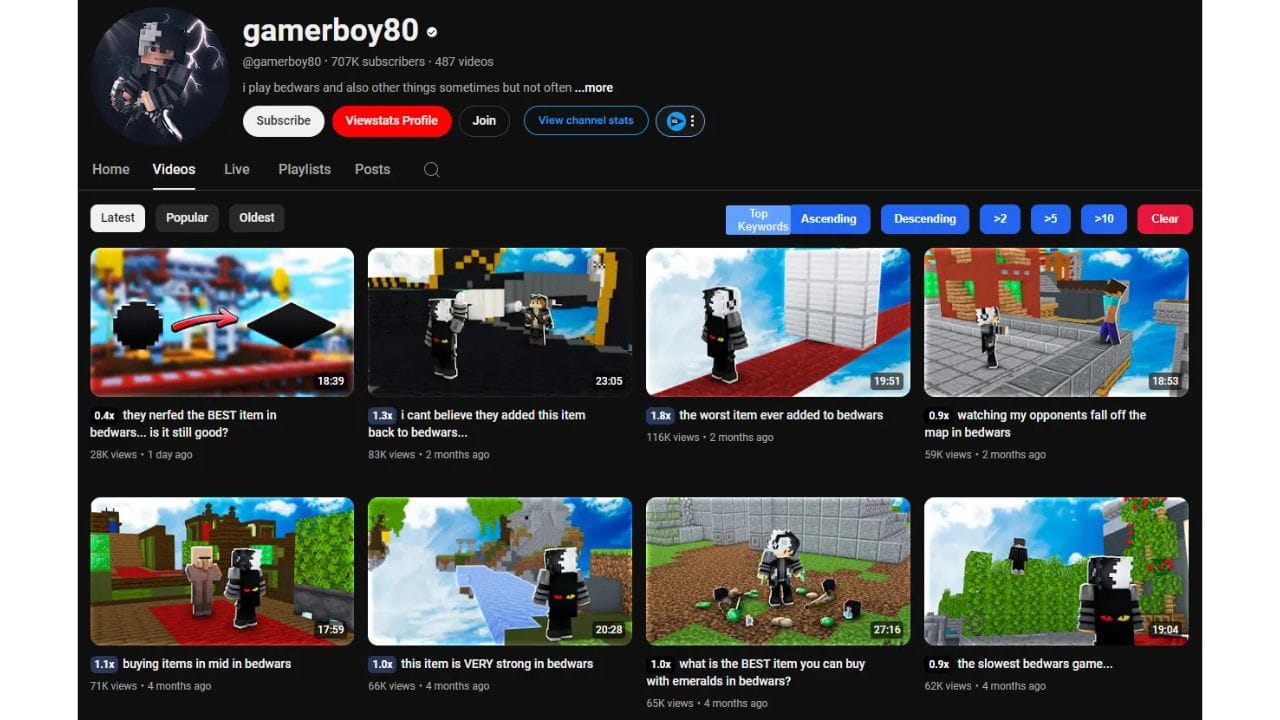 A screenshot of the Gamerboy80 YouTube channel, featuring videos about the game Bedwars.