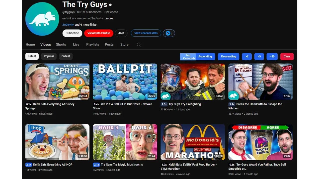 A screenshot of The Try Guys YouTube channel, featuring videos of challenges, experiments, and food-related content.