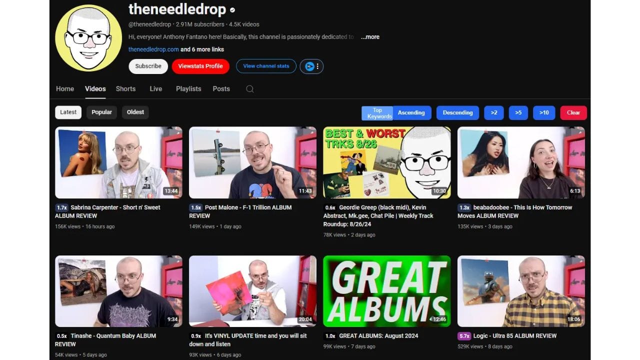 A screenshot of The Needle Drop YouTube channel, featuring music reviews and commentary videos.