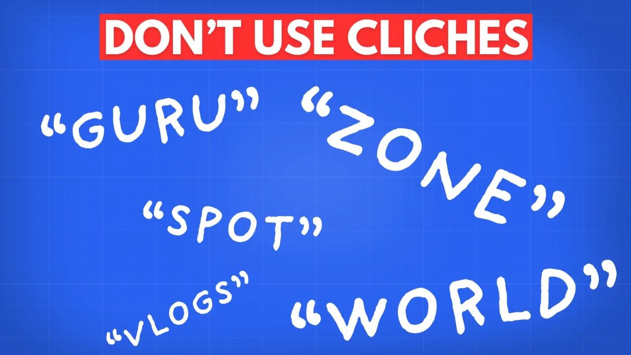 Common clichés used in YouTube channel names, including "Guru," "Zone," "Spot," "Vlogs," and "World," displayed in red text on a blue background. The text "DON'T USE CLICHÉS" is in red at the top.