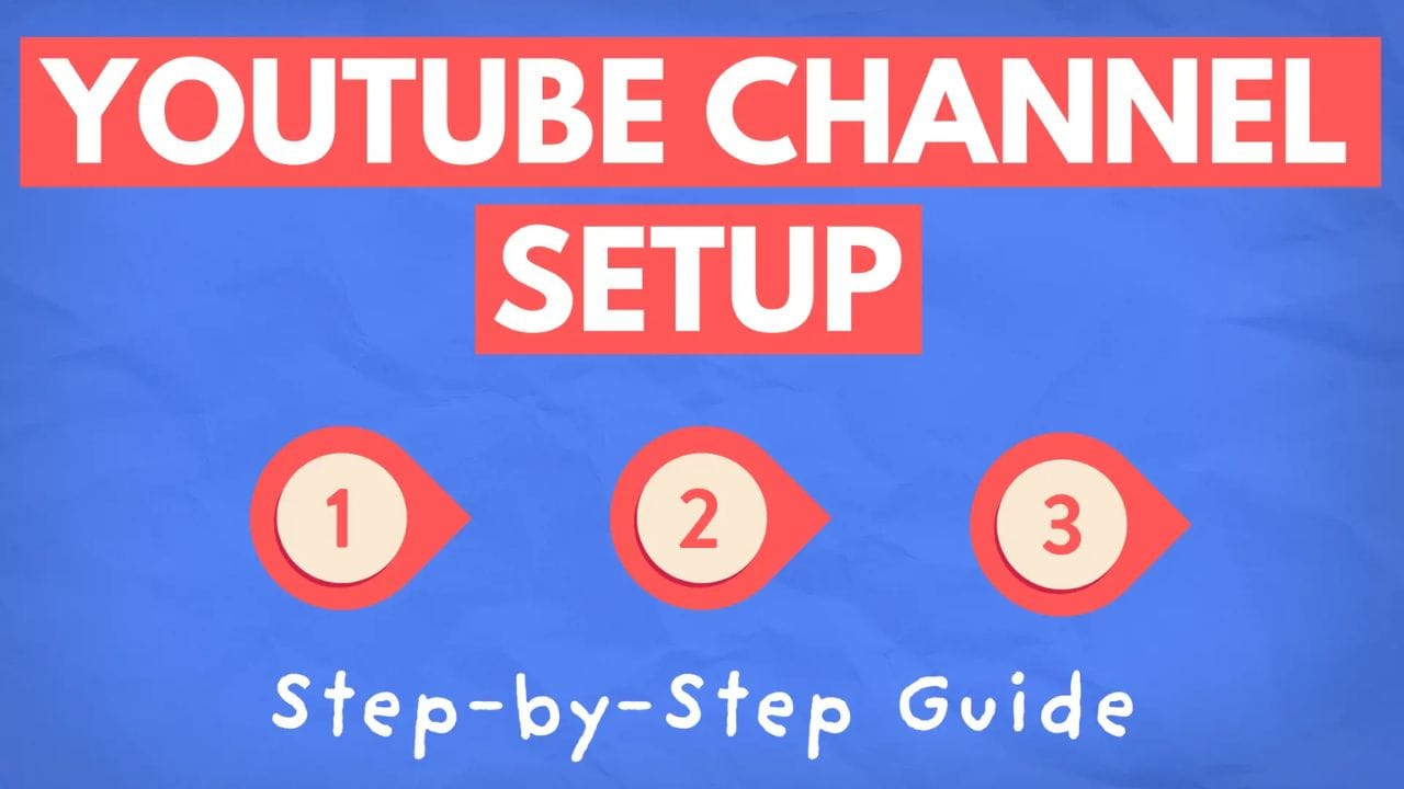A blue background with the text "YouTube Channel Setup" in red. Below, there are three numbered steps in red circles with white numbers. The text "Step-by-Step Guide" is below the circles.