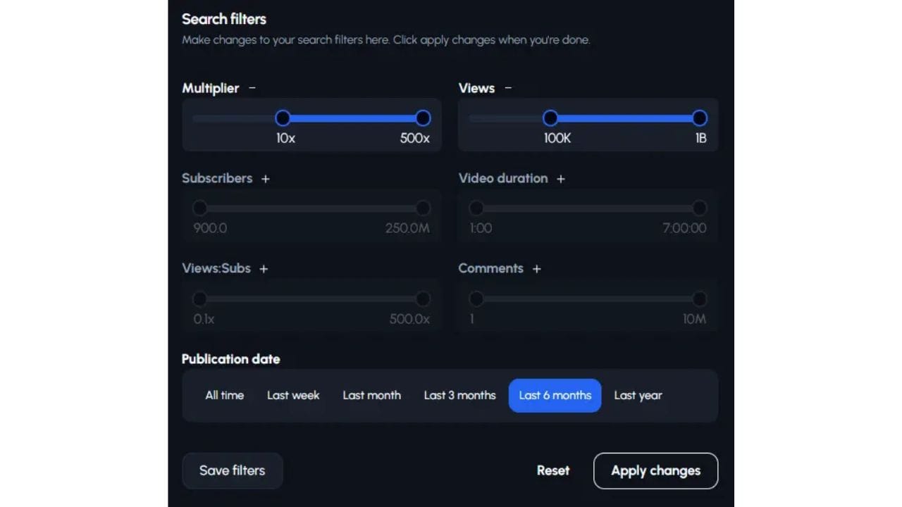 A screenshot of a YouTube search filter interface with various options to refine search results, including multipliers, subscriber count, video duration, views, comments, and publication date.