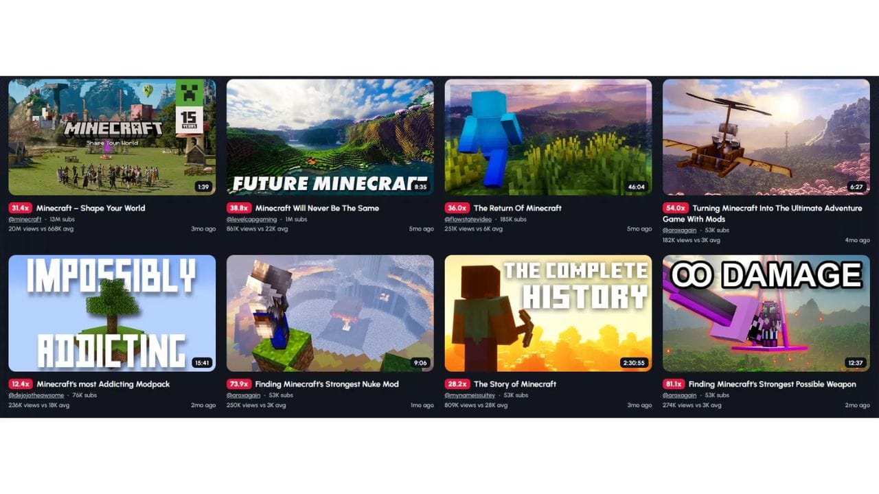 A screenshot of a YouTube search results page for Minecraft videos, featuring thumbnails of various Minecraft content, including mod showcases, challenges, and historical videos.
