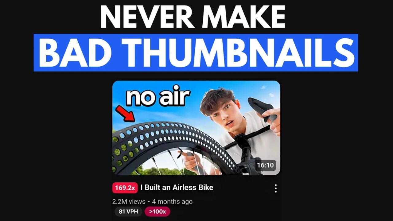 A close-up image of a person's hand holding a smartphone, with the YouTube app open and a thumbnail of Brandon Voloch's "I Built an Airless Bike" video highlighted.