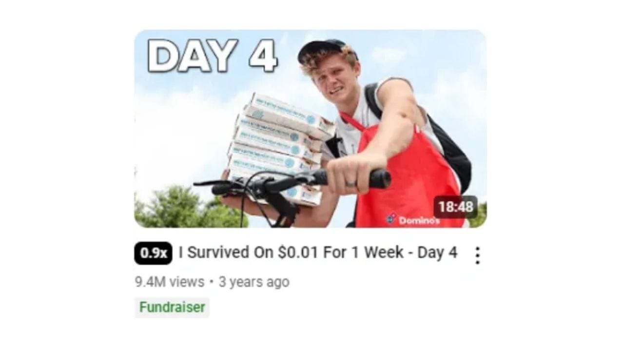 A YouTube video thumbnail showing a person eating a slice of pizza, with the title "I Survived On $0.01 For 1 Week - Day 4" and the channel name Domino's.
