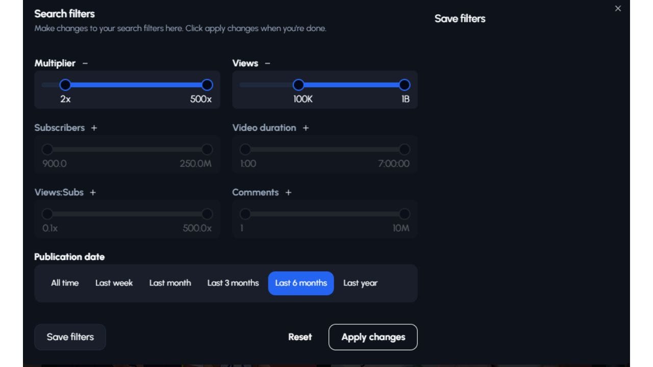 A screenshot of a search filter interface with options to refine search results by various criteria. The options include Multiplier, Views, Subscribers, Video Duration, Views/Subs, Comments, and Publication Date. Each criterion has a slider or dropdown menu to adjust the filter.