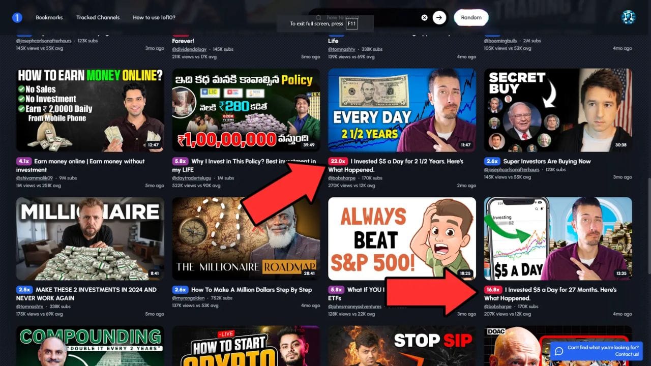 A screenshot of a YouTube search results page showing a mix of videos in different languages, including English, Telugu, and possibly Greek. The videos cover topics like online earning, investing, and financial literacy.