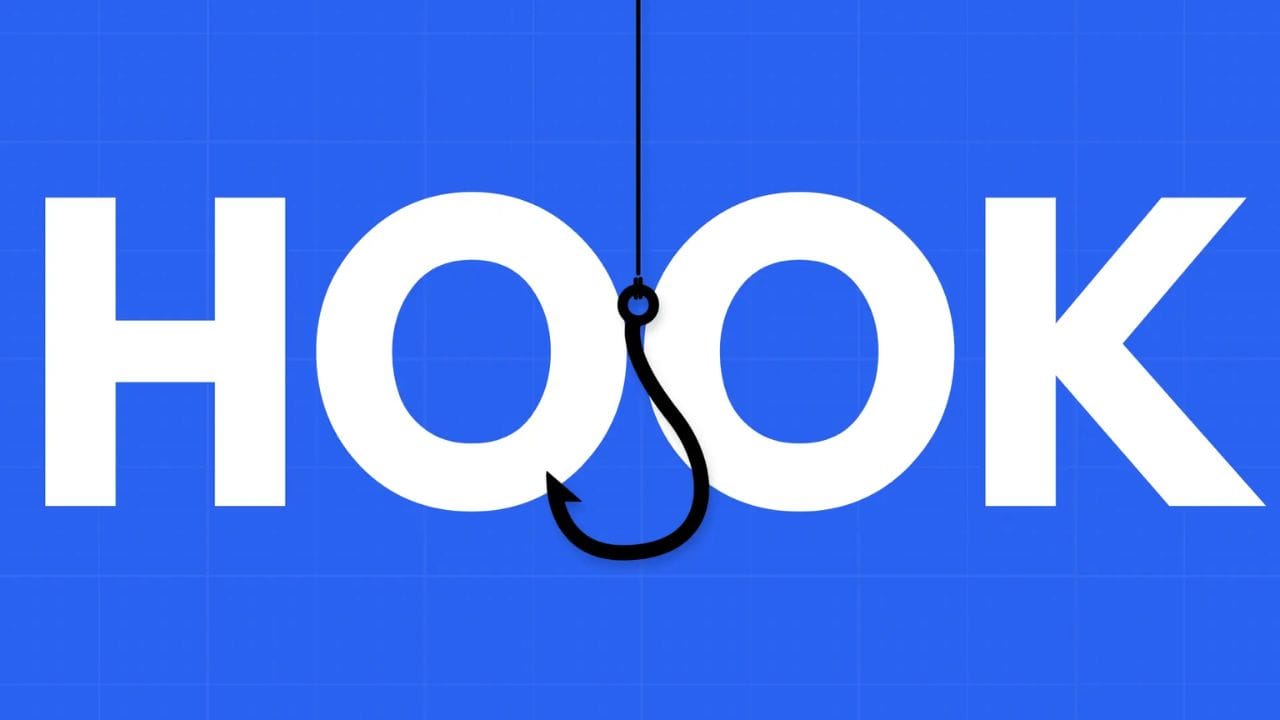 The word "HOOK" in white text on a blue background, with a fishing hook piercing the letter "O."
