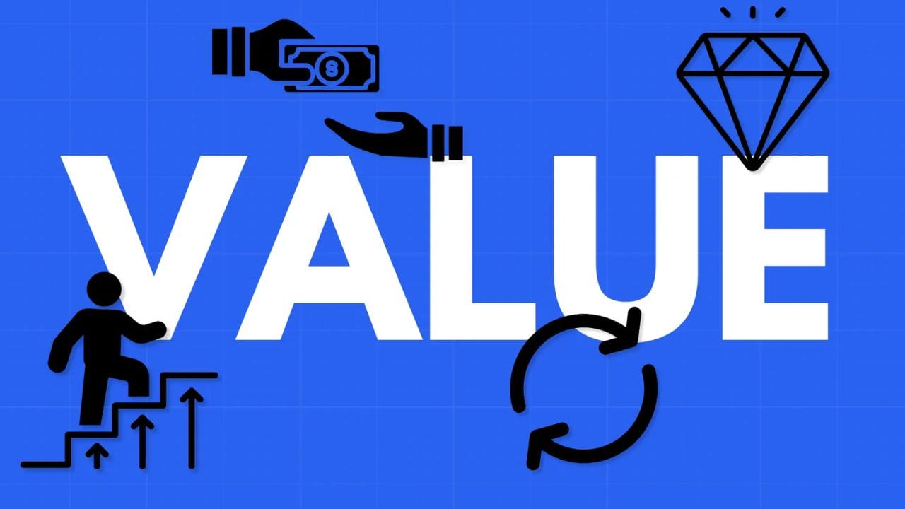 The word "VALUE" in large white letters on a blue background. Around the word are various icons representing different aspects of value, including a person climbing stairs, a hand holding money, a hand holding a diamond, and a circular arrow symbolizing growth and renewal.