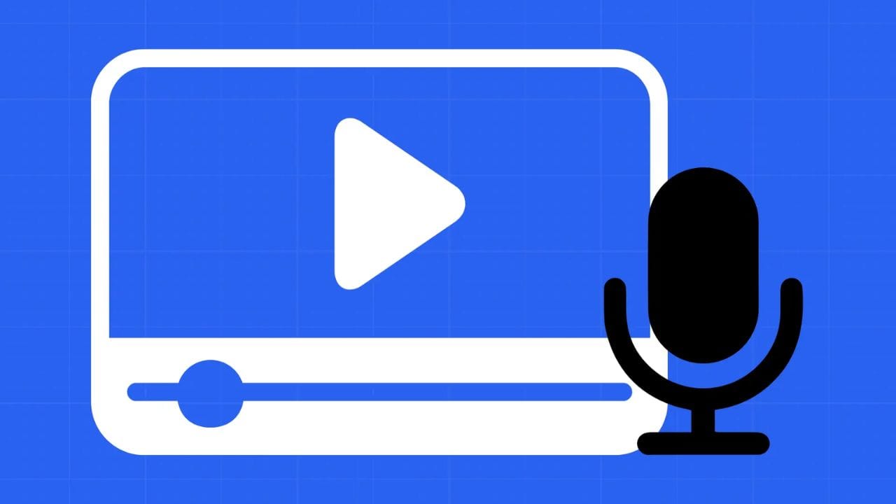 A white video player icon with a play button and a black microphone icon on a blue background.