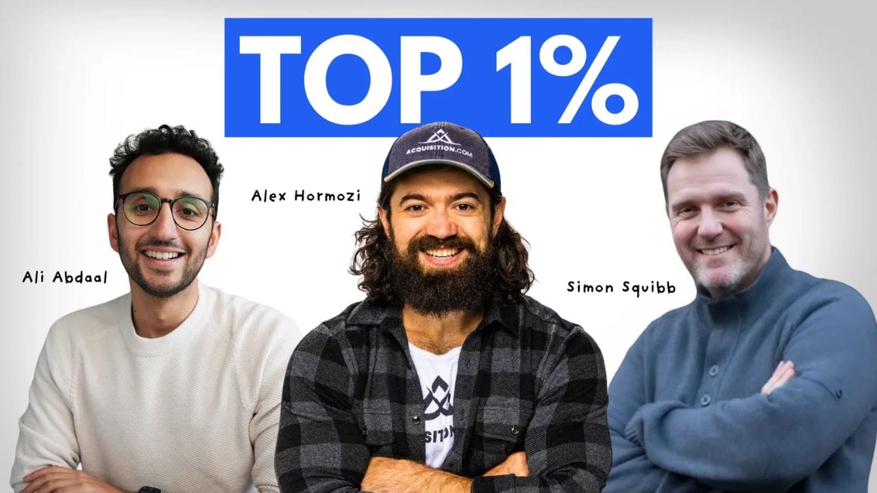 A screenshot of a digital platform or community with the names of well-known entrepreneurs and business figures, including Alex Hormozi, Ali Abdaal, and Simon Squibb. The text "TOP 1%" is prominently displayed.
