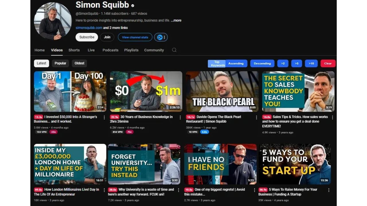 A screenshot of a YouTube channel page featuring videos by Simon Squibb, a prominent figure in the business and entrepreneurship community. The channel showcases a variety of content, including videos on business advice, personal experiences, and lifestyle.