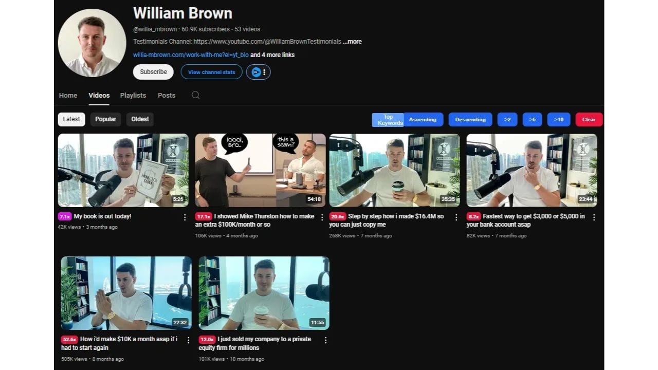 A screenshot of a YouTube channel page featuring videos by William Brown, showcasing titles like "My book is out today!" and "I showed Mike Thurston how to make an extra $100K/month or so."