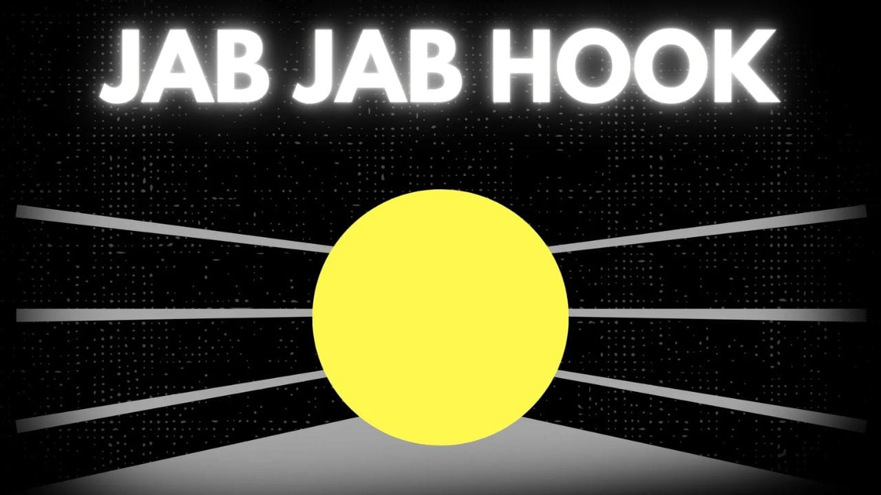 The phrase "JAB JAB HOOK" in white text on a black background, with a yellow circle representing the "hook" or the final, powerful punch.