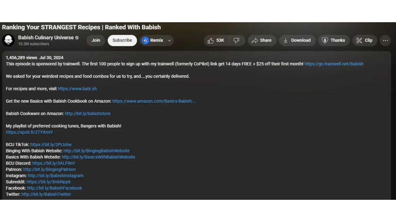 A YouTube video thumbnail featuring the title "Ranking Your STRANGEST Recipes | Ranked With Babish." The thumbnail shows a close-up of a person's hand holding a fork and knife.