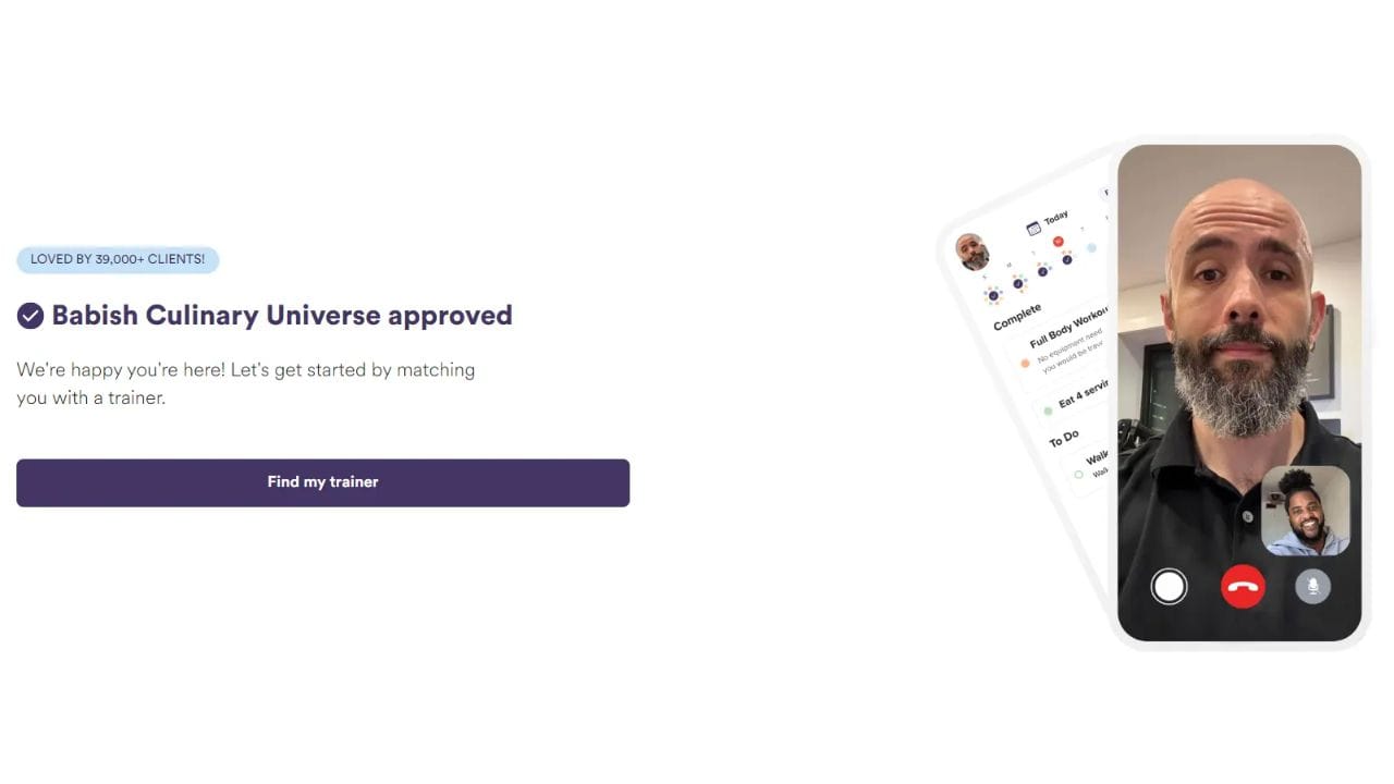 A screenshot of a website or app with the text "LOVED BY 39,000+ CLIENTS!" and "Babish Culinary Universe approved." The image also features a call to action to find a trainer and a list of completed and to-do tasks.