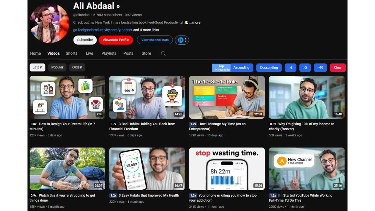 A screenshot of Ali Abdaal's YouTube channel page, featuring popular videos such as "The 10-80-10 Rule," "How to Design Your Dream Life (in 7 Minutes)," and "3 Bad Habits Holding You Back from Financial Freedom." The channel's banner showcases his book, "Feel Good Productivity."