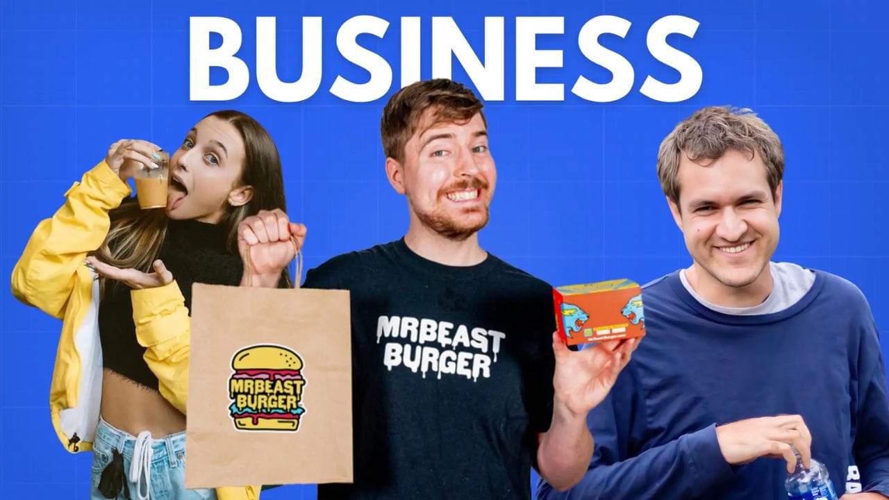 A screenshot of a YouTube video thumbnail featuring MrBeast holding a large burger with the text "MRBEAST BURGER" and "RD" on it.