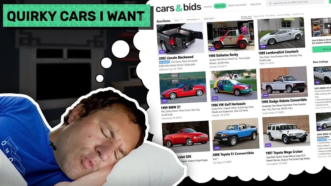 A screenshot of a website or app showing a list of unique and quirky cars for sale, including a 1989 Lamborghini Countach and a 1990 Dodge Dakota Convertible.