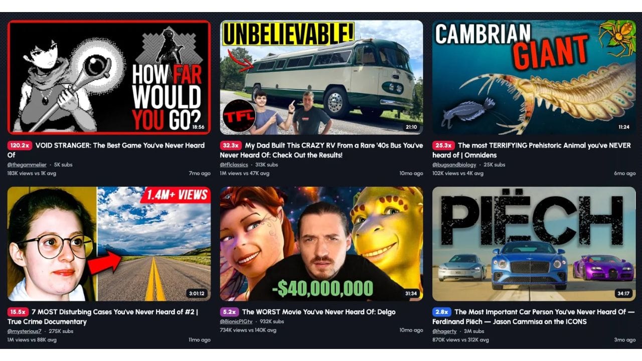 A screenshot of a digital platform showcasing various video titles and creators related to sports, history, and gaming. Some of the notable creators mentioned include BionicPigty, Hickerty, and Vanamos2.