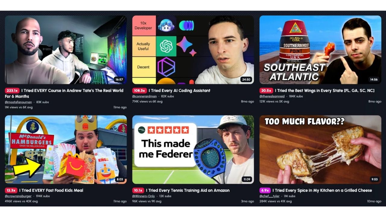 A screenshot of a digital platform showcasing various video titles and creators related to food, technology, and sports. Some of the notable creators mentioned include ConnerArdman, Chef Tyler, and Atherealsamreid.