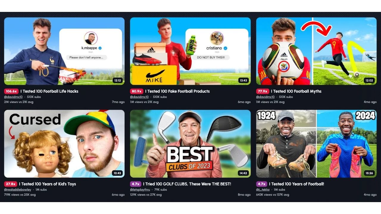 A screenshot of a digital platform showcasing various video titles and creators related to sports, technology, and lifestyle. Some of the notable creators mentioned include David Melo, Let's Play Thru, and DitaKKZ.
