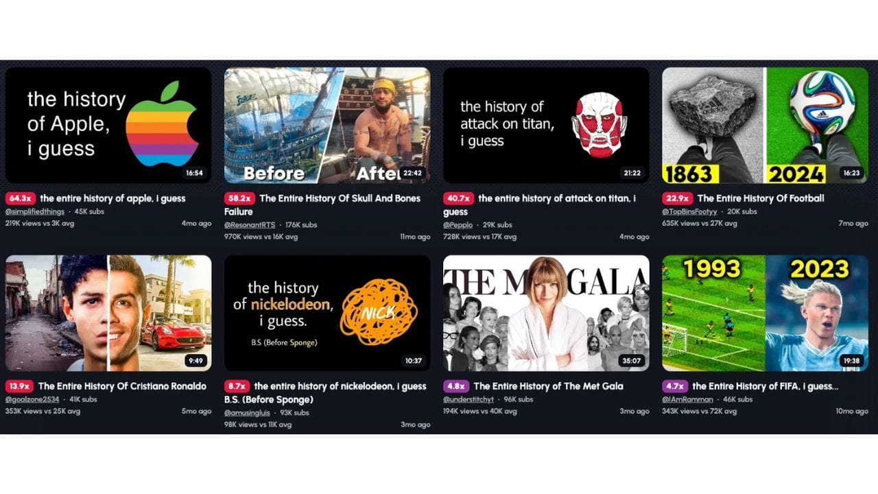 A screenshot of a digital platform showcasing various video titles and creators related to history, sports, and entertainment. Some of the notable topics include the history of Apple, the history of Nickelodeon, and the history of Cristiano Ronaldo.