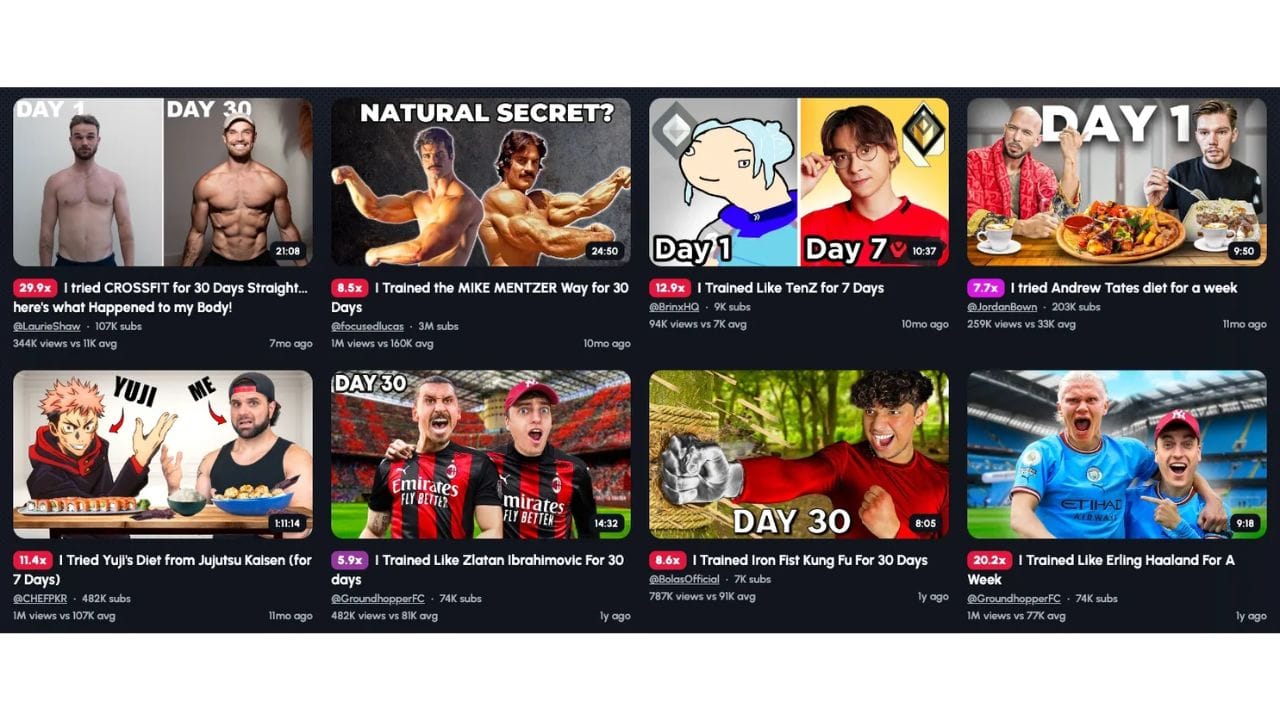 A screenshot of a digital platform showcasing various video titles and creators related to fitness and lifestyle. Some of the notable creators mentioned include BrinxHook, FocusedLucas, and GroundhepperFC.
