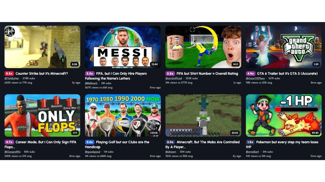 A screenshot of a digital platform showcasing various video titles and creators related to gaming and sports. Some of the notable creators mentioned include Dream, SmallAnt, and GoodGood.