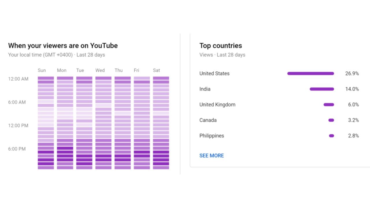 A YouTube Analytics screenshot showing viewer activity by time of day and top countries.
