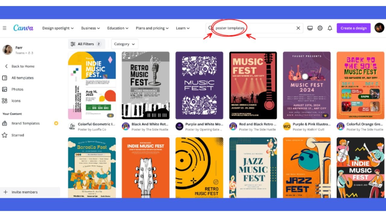 A screenshot of Canva's template library, specifically highlighting the "Poster Templates" category.