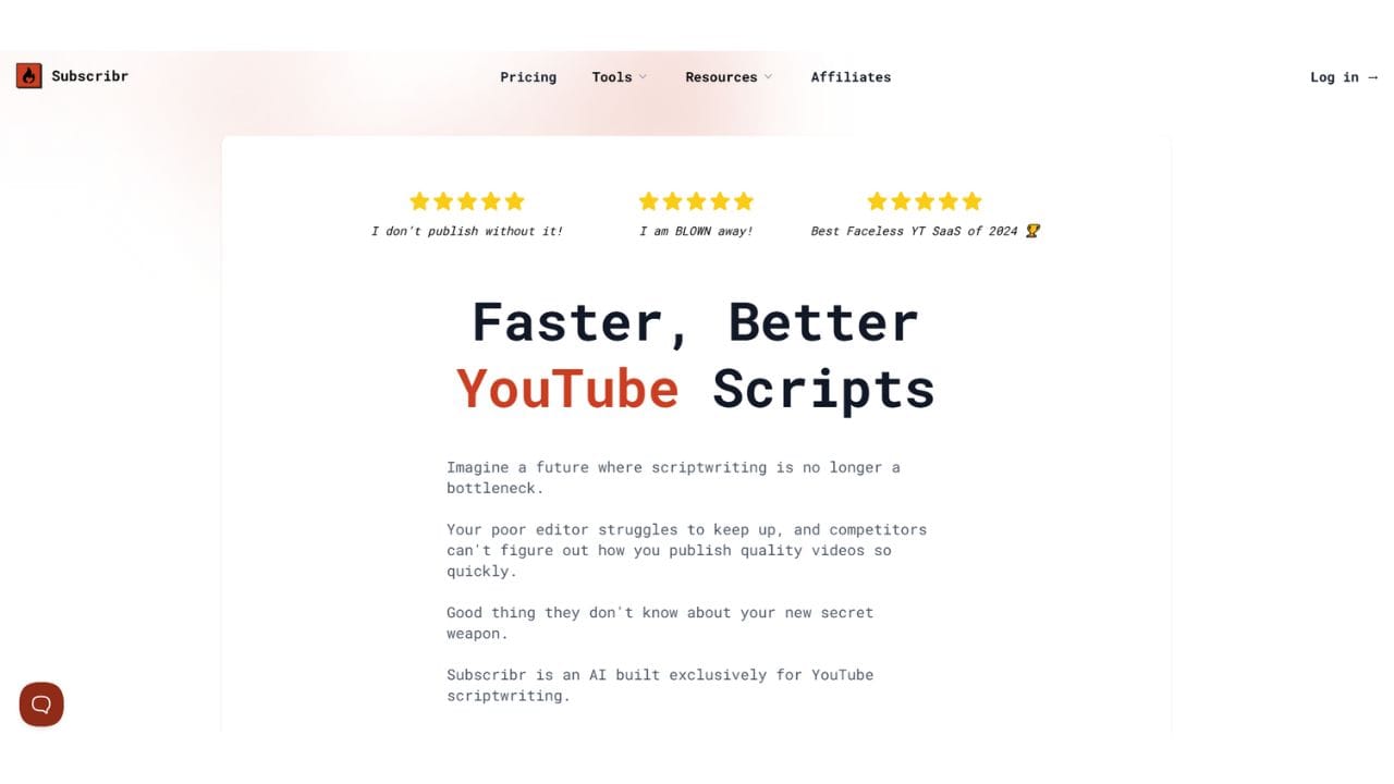 A screenshot of the Subscribr website, showcasing its AI-powered YouTube scriptwriting tool.