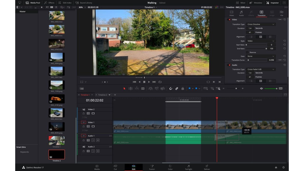 Alt Text: A screenshot of the DaVinci Resolve video editing software, showing a timeline with various video clips and audio tracks.