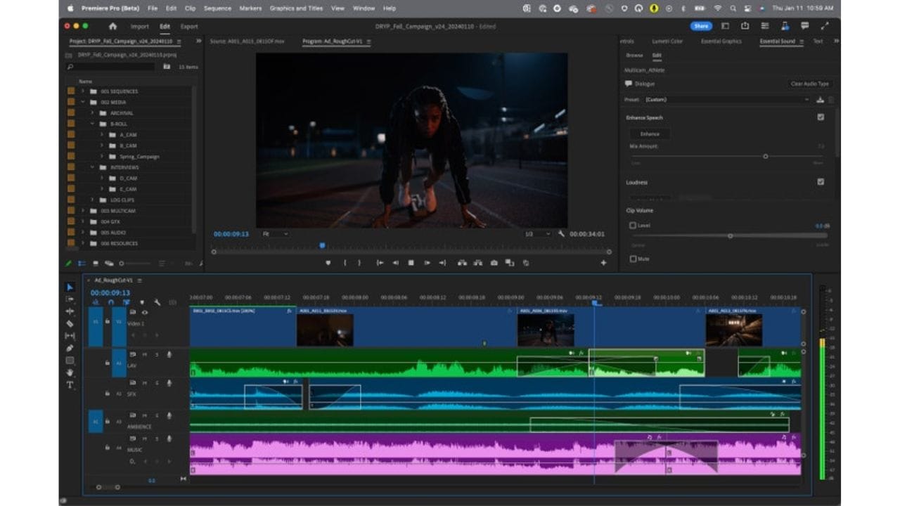 A screenshot of Adobe Premiere Pro, a professional video editing software. The image shows a video timeline with multiple tracks for video, audio, and effects.