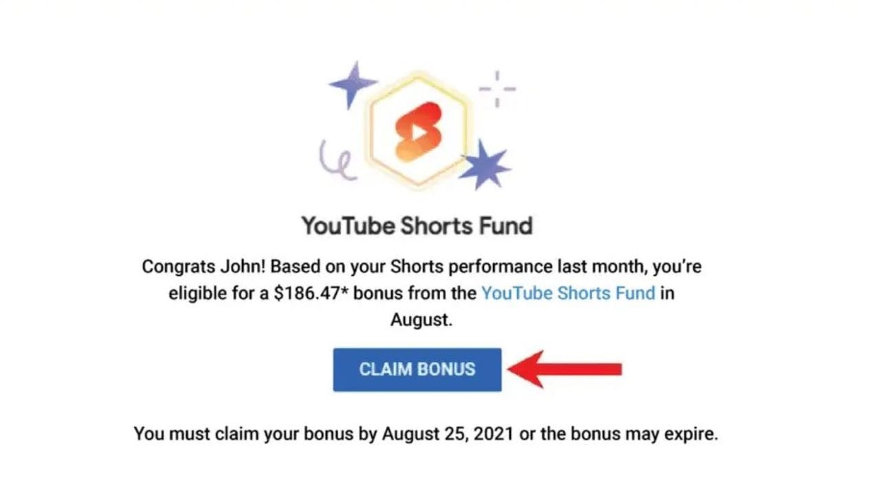 YouTube Shorts Fund notification congratulating a creator on their eligibility for a bonus payment. The notification includes a button to claim the bonus.