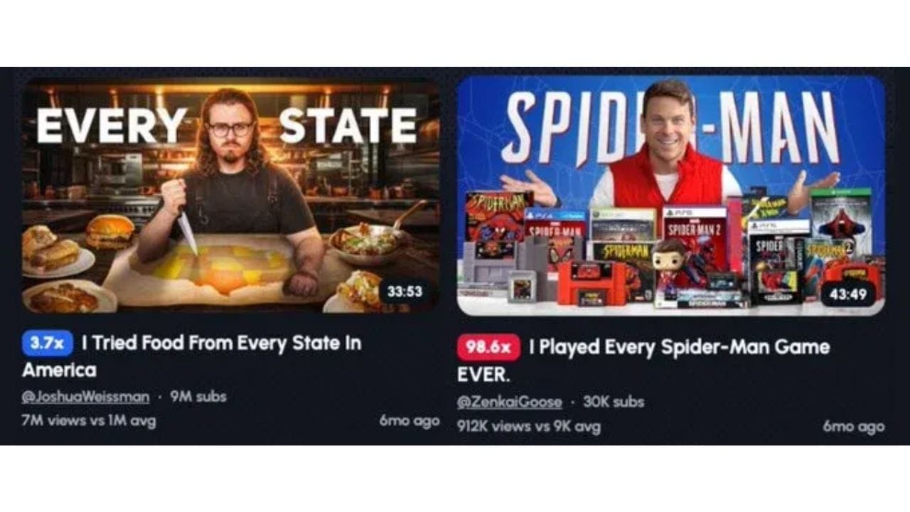 Two YouTube thumbnails side-by-side. On the left: a video titled "I Tried Food From Every State In America". On the right: a video titled "I Played Every Spider-Man Game EVER."